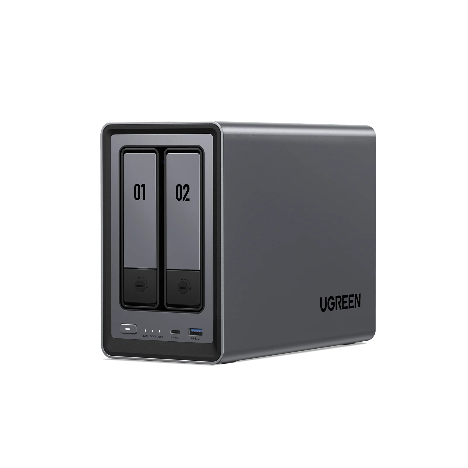 UGREEN NASync DXP2800 vu de trois quarts avec ses deux baies SATA